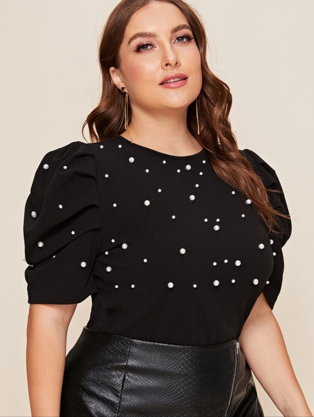 SHEIN Black Pearl-Studded Puff Sleeve Top